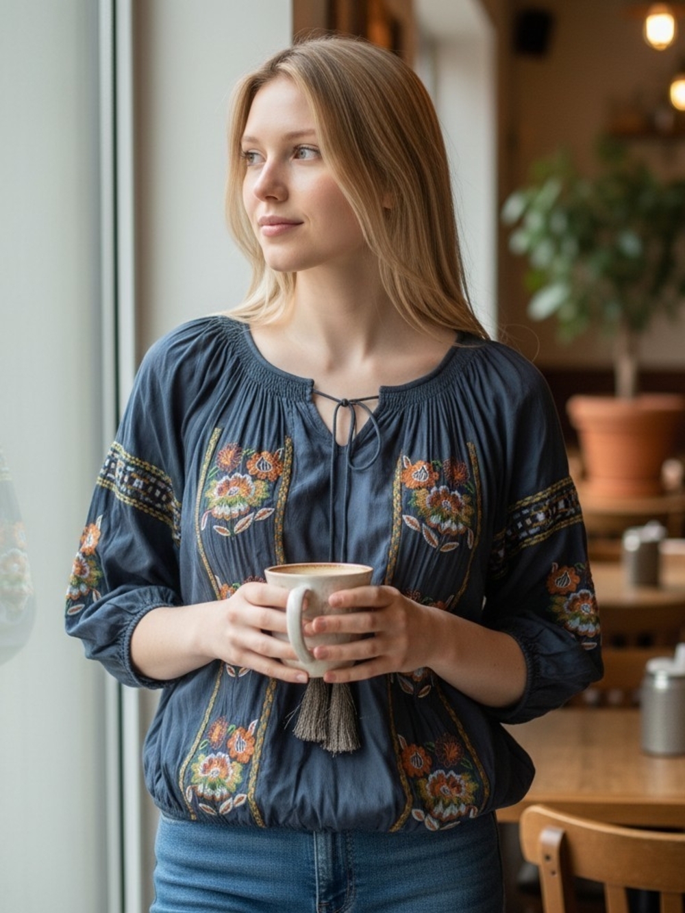 EUC 2015 KAS New York Embroidered Boho Peasant Blouse Slate Blue Ink Gray Size L